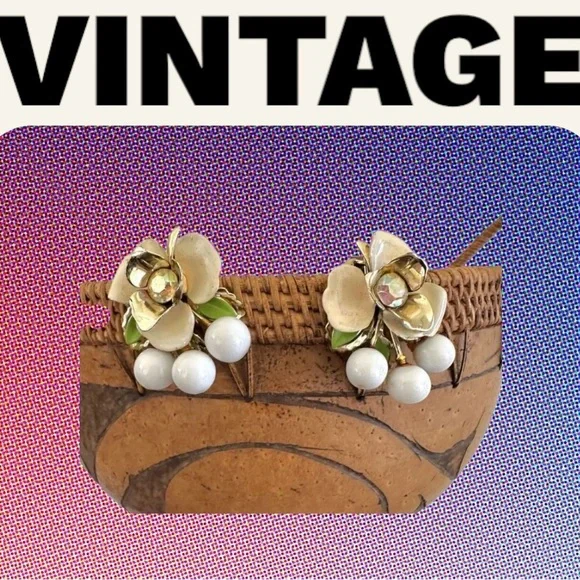 Vintage Rose Rhinestone Clip on Earrings